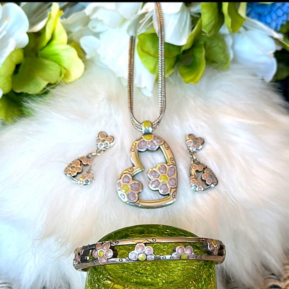 Brighton FLOWER POWER Pink blue lime Retro design Necklace 2 Bracelets Earrings - Picture 6 of 16